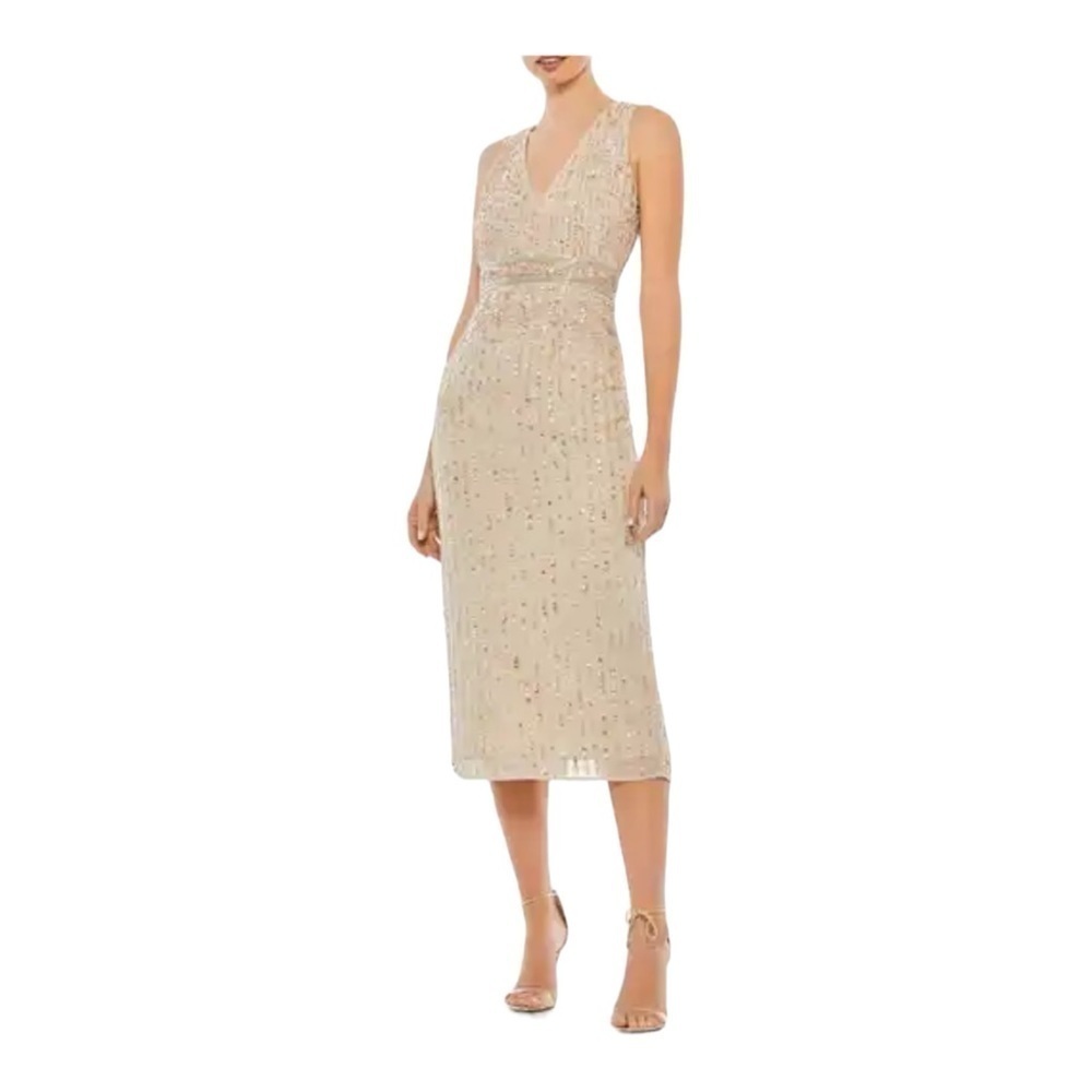 Mac Duggal Sequin Sleevess Midi Cocktail Dress in Beige Size 10 NWT - Picture 7 of 7